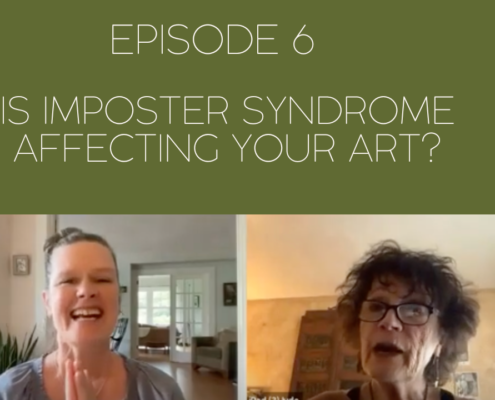Image showing Mama Judy and Jill recording their podcast with the title across the image, Is Imposter Syndrome Affecting Your Art?