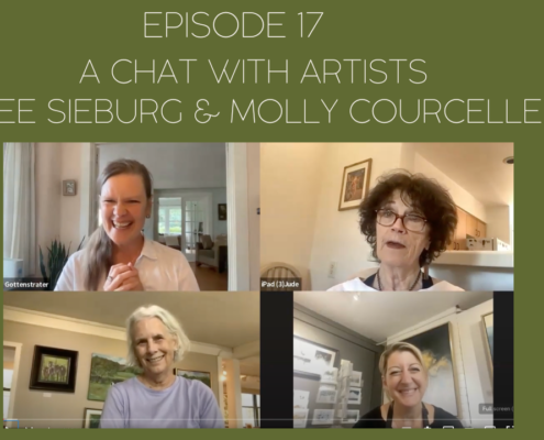 An image of four women on episode with episode title: Episode 17: A chat with artists Bee Sieburg and Molly Courcelle